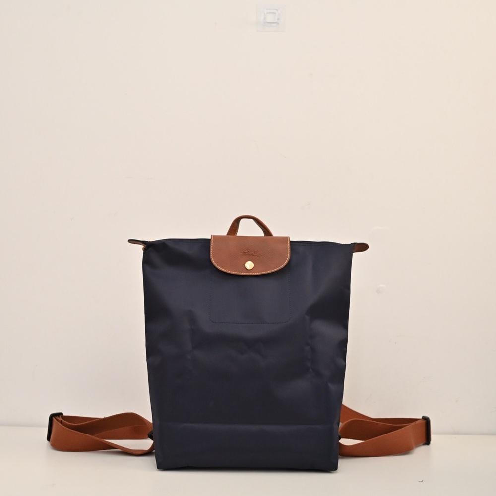 Longchamp Navy Backpack with Brown Leather Trim